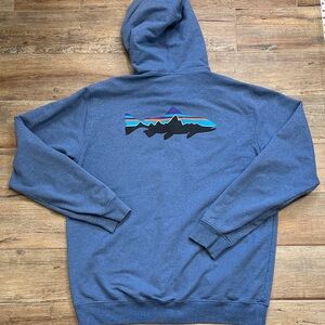 Patagonia Blue Hoodie with Fitz Troy Trout Fish Graphic Vintage 2014 edition